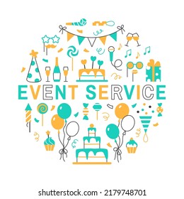 Concepto de círculo de servicio de eventos en fondo blanco. Color de línea plana Marco de texto de fiesta de cumpleaños para el diseño de la postal de la pancarta. Muffin de tarta de globos festivos regalo bebidas de confeti ilustración vectorial