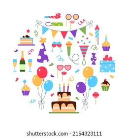Event service concept on white background. Flat holiday management circle design. Birthday party dinner wedding celebration arrangement business. Gift cake balloons treat food vector illustration.