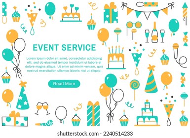 Event service flat line background or web page template with button and text space. Concept with balloons, cake, muffin. Color holiday internet design. Birthday party business vector illustration.