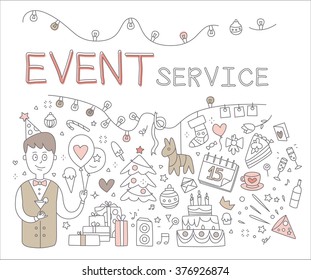 Event Service. Hand drawn Vector Illustration Doodle style concept. Modern line style illustration for web banners, hero images, printed materials vector illustration