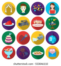Event service set icons in flat style. Big collection of event service vector symbol stock illustration