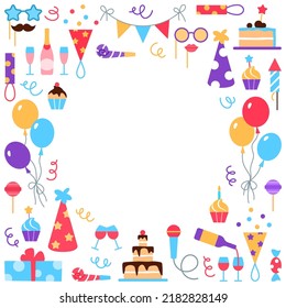 Marco cuadrado del servicio de eventos con espacio de círculo para texto. Concepto con globos, pastel, muffin sobre fondo blanco. Diseño de gestión de vacaciones planas. Ilustración de vector de la celebración de la fiesta de cumpleaños.