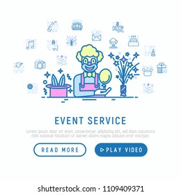 Event services concept: clown with balloon and hat with rabbit. Thin line icons: kids party, birthday, magician, videographer, invitation, corporate, fireworks. Vector illustration, web page template.