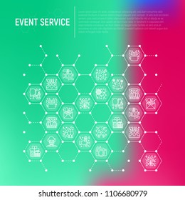 Event services concept in honeycombs with thin line icons: kids party, gifts, birthday, magician, clown, videographer, party invitation, corporate, fireworks. Vector illustration, web page template.