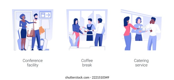 Event services isolated concept vector illustration set. Conference facility, coffee break, catering service, greeting guest, business travel, hotel service, accommodation facility vector cartoon.