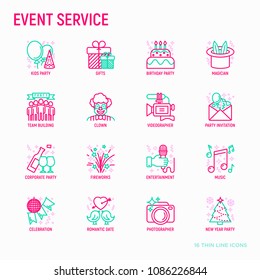 Event services thin line icons set: kids party, gifts, birthday, magician, clown, videographer, party invitation, corporate, fireworks, music, celebration, romatic date. Modern vector illustration.
