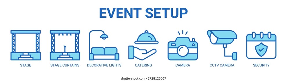 Event Setup Web-Banner Symbol Vektorgrafik-Konzept mit Symbol der Bühne, Bühne Vorhänge, dekorative Lichter, Catering, Kamera, CCTV-Kamera, und Sicherheit.