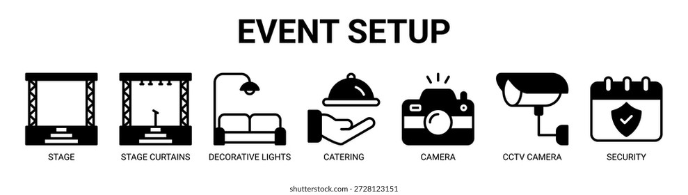 Concepto de Ilustración vectorial de iconos de Anuncio de Web de configuración de eventos con icono de escenario, cortinas de escenario, luces decorativas, catering, cámara, cámara de circuito cerrado de televisión y seguridad.