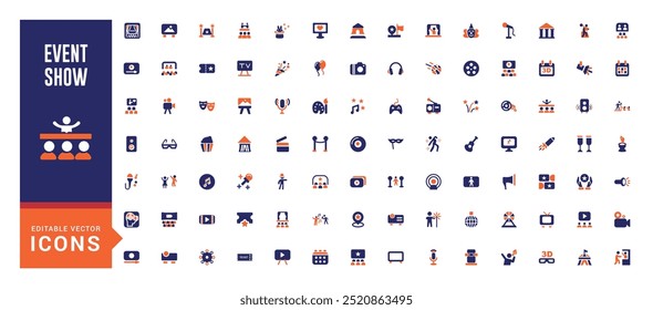 Event Show colorful icon set. Containing entertainment, ticket, stage, spotlight, cinema, magician, concert, event more. Solid color vector icons collection.