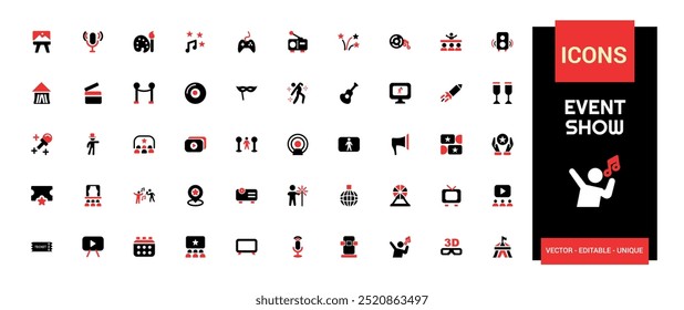 Event Show colorful icon set. Containing entertainment, ticket, stage, spotlight, cinema, magician, concert, event more. Solid color vector icons collection.