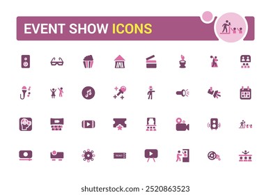 Event Show colorful icon set. Containing entertainment, ticket, stage, spotlight, cinema, magician, concert, event more. Solid color vector icons collection.