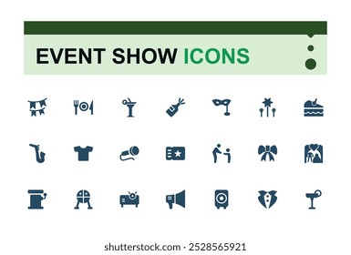 Event Show Filled icons set. Containing stage, spotlight, cinema, ticket, event and more. Solid icons collection for web and ui. Pixel perfect, Editable vector illustration.