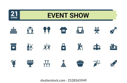 Evento Mostrar conjunto de iconos rellenados. Contiene escenario, foco, cine, boleto, evento y más. Colección de iconos sólidos para Web y ui. Pixel perfecto, Ilustración vectorial Editable.