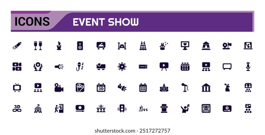 Conjunto de iconos sólidos de demostración de eventos. Colecciones de iconos de escenario de evento de película de medios en vivo, glifo para Web y ui. Paquete de iconos lleno, trazo editable. Ilustración vectorial.