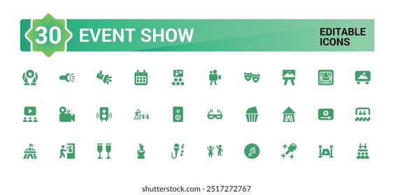 Event show solid icon set. Live media movie event stage icons collections, glyph for web and ui. Filled icon pack, editable stroke. Vector illustration.