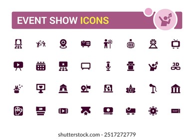 Event show solid icon set. Live media movie event stage icons collections, glyph for web and ui. Filled icon pack, editable stroke. Vector illustration.