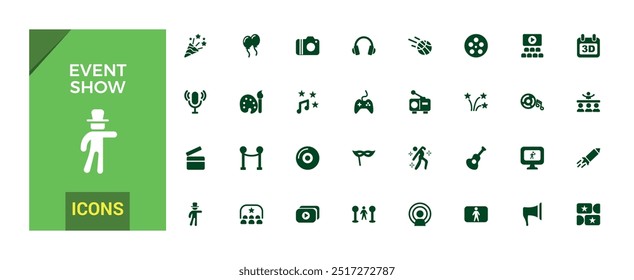 Event show solid icon set. Live media movie event stage icons collections, glyph for web and ui. Filled icon pack, editable stroke. Vector illustration.