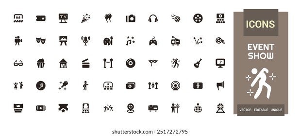 Event show solid icon set. Live media movie event stage icons collections, glyph for web and ui. Filled icon pack, editable stroke. Vector illustration.