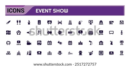 Event show solid icon set. Live media movie event stage icons collections, glyph for web and ui. Filled icon pack, editable stroke. Vector illustration.