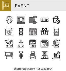 event simple icons set. Contains such icons as Flag pole, Confetti, Stage, Event, Ticket, House on fire, Calendar, Carpet, Gift, Ticket office, can be used for web, mobile and logo