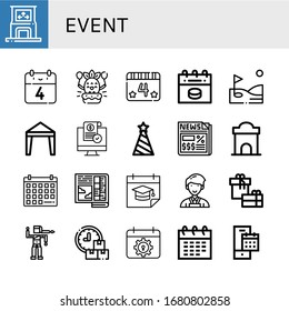 event simple icons set. Contains such icons as Dance, th of july, Birthday, Calendar, Golf, Canopy, Release, Party hat, Newspaper, Ticket office, can be used for web, mobile and logo