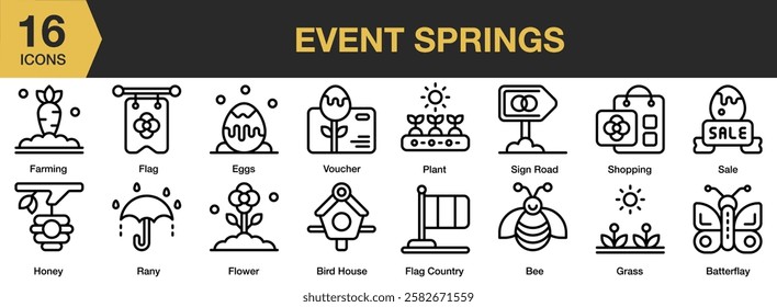 Event Springs icon set. Includes egss, shopping, sale, bee, grass, flower, rain, and More. Outline icons vector collection.
