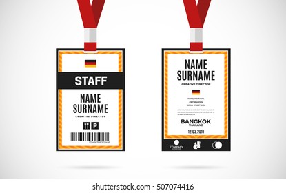 Event Staff Id Card Set With Lanyard. Vector Design And Text Template Illustration