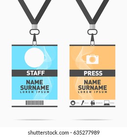 Event staff and press id cards set with lanyards. Vector design for badge holder templates