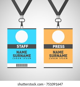 Event staff and press id cards set with lanyards. Vector