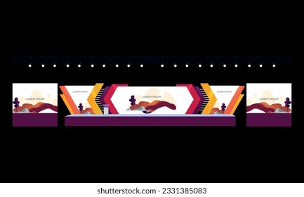 Event Stage design for business conferences, corporate projects presentations, with slides on projection screens. truss and Light