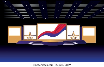 Event Stage design for business conferences, corporate projects presentations, with slides on projection screens. Top wall and Light