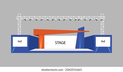 Event Stage design for business conferences, corporate projects presentations, with slides on projection screens, 2d stage, truss and Light