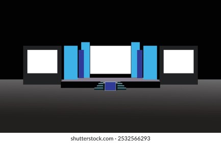 Event Stage design for business conferences, Corporate project presentations, with slides, on projection screens. Truss and Light