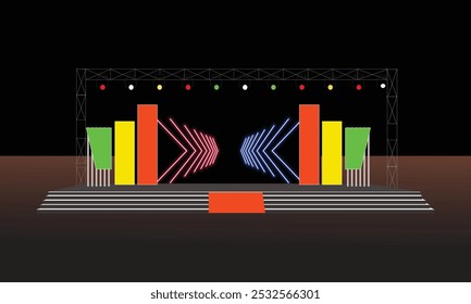 Event Stage design for business conferences, Corporate project presentations, with slides, on projection screens. Truss and Light