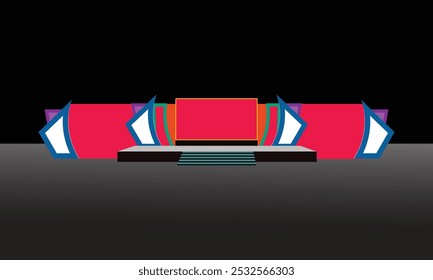 Event Stage design for business conferences, Corporate project presentations, with slides, on projection screens. Truss and Light
