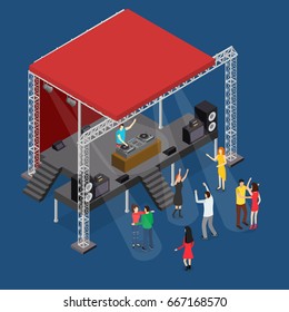 Event Stage Podium Construction Disco And People Isometric View On A Blue Background. Vector Illustration