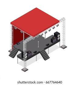 Event Stage Podium Construction Isometric View For Show, Entertainment, Performance Or Party. Vector Illustration