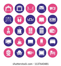 Event supplies flat glyph icons. Party equipment - stage constructions, visual projector, stanchion, flipchart, marquee. Signs for catering, commercial rental service. Solid silhouette pixel perfect