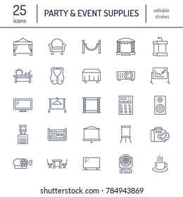 Event supplies flat line icons. Party equipment - stage constructions, visual projector, stanchion, flipchart, marquee. Thin linear signs for catering, commercial rental service.