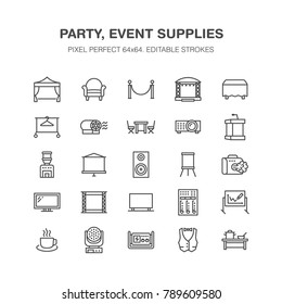 Event supplies flat line icons. Party equipment - stage constructions, visual projector, stanchion, flipchart, marquee. Thin linear signs for catering, commercial rental service. Pixel perfect 64x64.