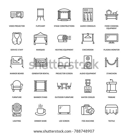 Event supplies flat line icons. Party equipment - stage constructions, visual projector, stanchion, flipchart, marquee. Thin linear signs for catering, commercial rental service.