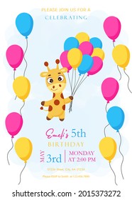 Event template with cute little giraffe flying on balloons. Happy Birthday printable party invitation card template. Bright colored stock vector illustration