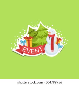 Event Template Label Cute Sticker With Snowman And Fir Trees