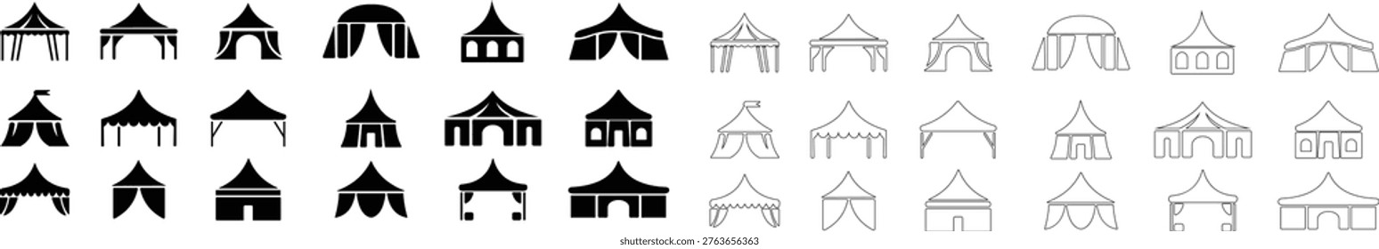 Event tent canopy pavilion icon set collection group in black red flat and line style vector illustration, camping shelter marquee gazebo awning symbol pack minimal outline design bundle