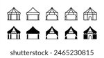 Event tent thin line icon set. Containing tent of festival, circus, party, sales, and carnival. Awning, marquee, and pavilion vector illustration