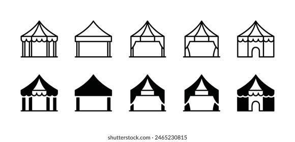 Event tent thin line icon set. Containing tent of festival, circus, party, sales, and carnival. Awning, marquee, and pavilion vector illustration