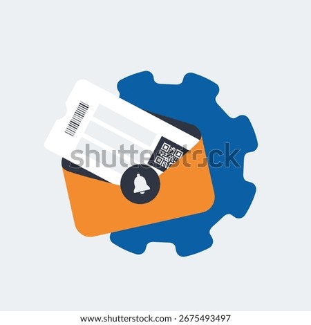 Event ticket booking with digital QR code confirmation. E-mail notification alert and automation settings icon symbolizing modern e-ticket system for online reservation. Isolated vector illustration