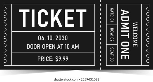 Event Ticket with Date and Price. Modern Admit One. Black and White Ticket
