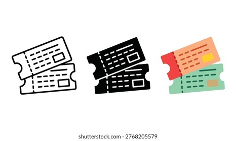 Event ticket entry collection in linear, solid, and flat styles featuring cinema, transport, travel, admission, and pass.