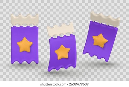 Event Ticket Icon Set in 3D Cartoon Style with Star Symbol. Perfect for Cinema, Concerts, Festivals, and Shows. Colorful and Fun Design Elements. Vector Illustration.